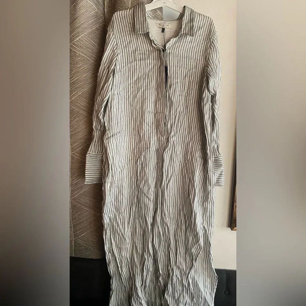 Halston Heritage Linen Long Dress White Striped Pockets Sz 6 NWT Retail $475
